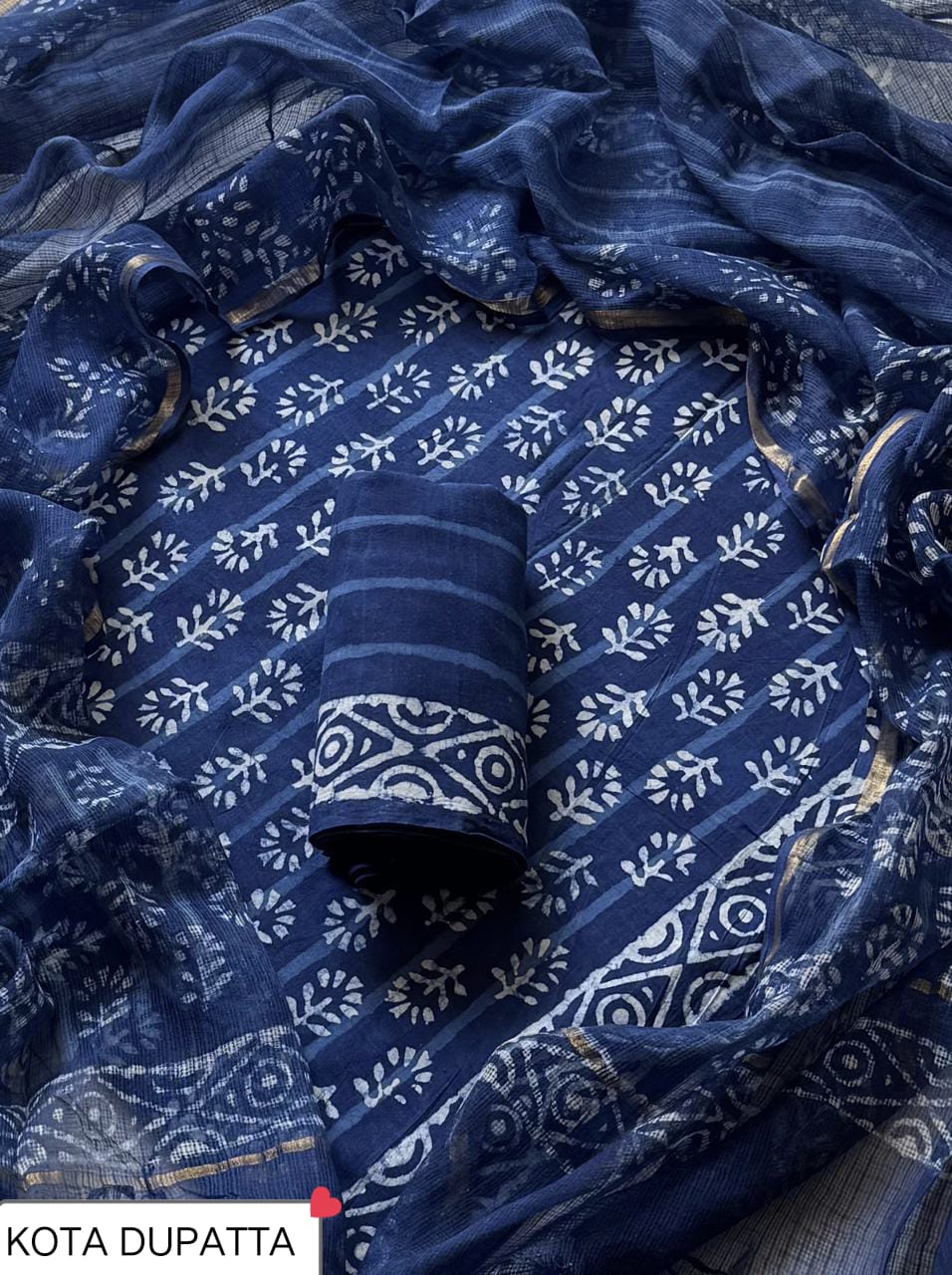 DESIGNER HAND BLOCK PRINT COTTON SUIT SET WITH KOTA DORIA DUPATTA (WAKOTMU41)