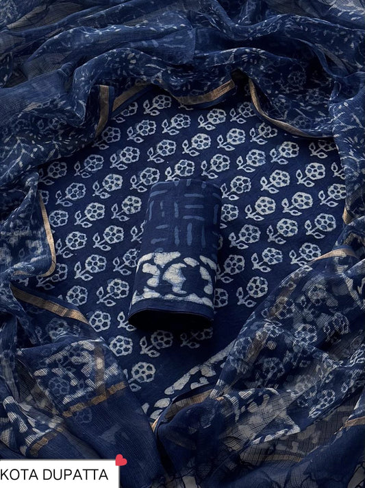 Premium Hand Block Print Cotton Suit Set with Kota Doria Dupatta WAKOTMU39