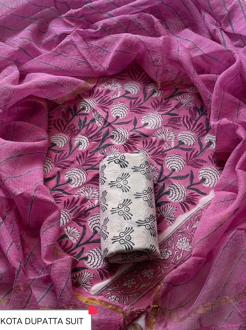 DESIGNER HAND BLOCK PRINT COTTON SUIT SET WITH KOTA DORIA DUPATTA (WAKOTMU14)