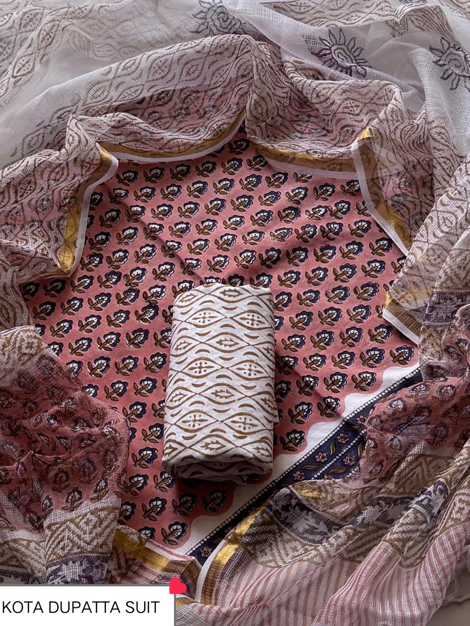DESIGNER HAND BLOCK PRINT COTTON SUIT SET WITH KOTA DORIA DUPATTA(WAKOTMU10)