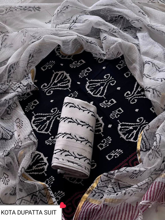 DESIGNER HAND BLOCK PRINT COTTON SUIT SET WITH KOTA DORIA DUPATTA(WAKOTMU09)