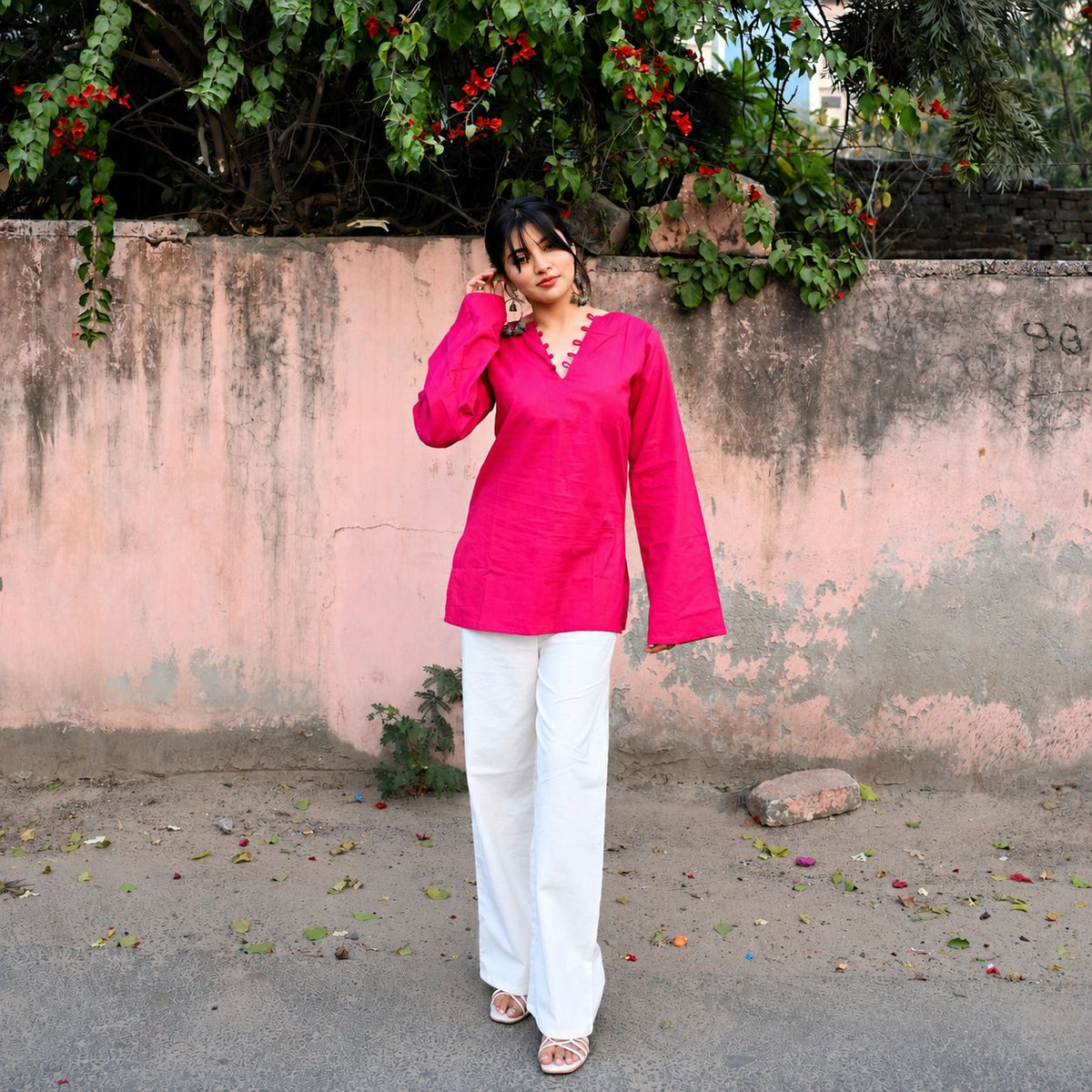 ✨ Chic V-Neck Top with Unique Button Detailing & Flared Sleeves 🌸(CJ07)