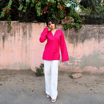 ✨ Chic V-Neck Top with Unique Button Detailing & Flared Sleeves 🌸(CJ07)