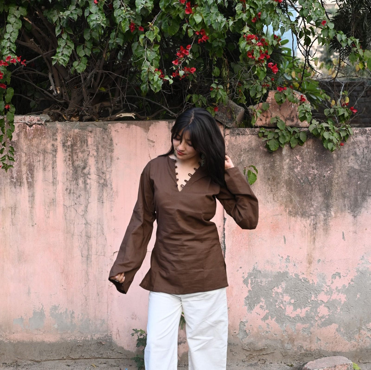 ✨ Chic V-Neck Top with Unique Button Detailing & Flared Sleeves 🌸(CJ07)