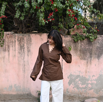 ✨ Chic V-Neck Top with Unique Button Detailing & Flared Sleeves 🌸(CJ07)