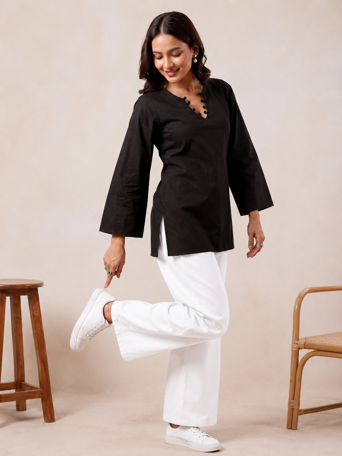 ✨ Chic V-Neck Top with Unique Button Detailing & Flared Sleeves 🌸(CJ07)