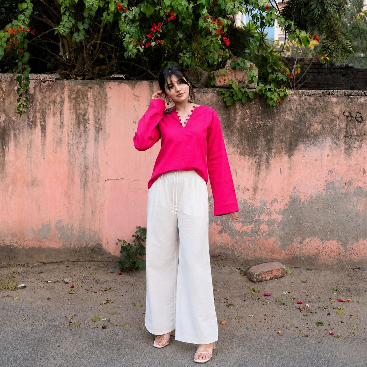 ✨ Chic V-Neck Top with Unique Button Detailing & Flared Sleeves 🌸(CJ07)