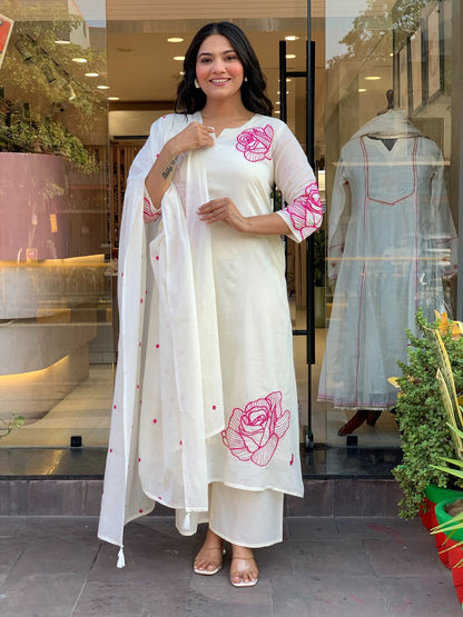 ✨ Premium Cotton Embroidered Kurta Pant Dupatta Set (RD57)