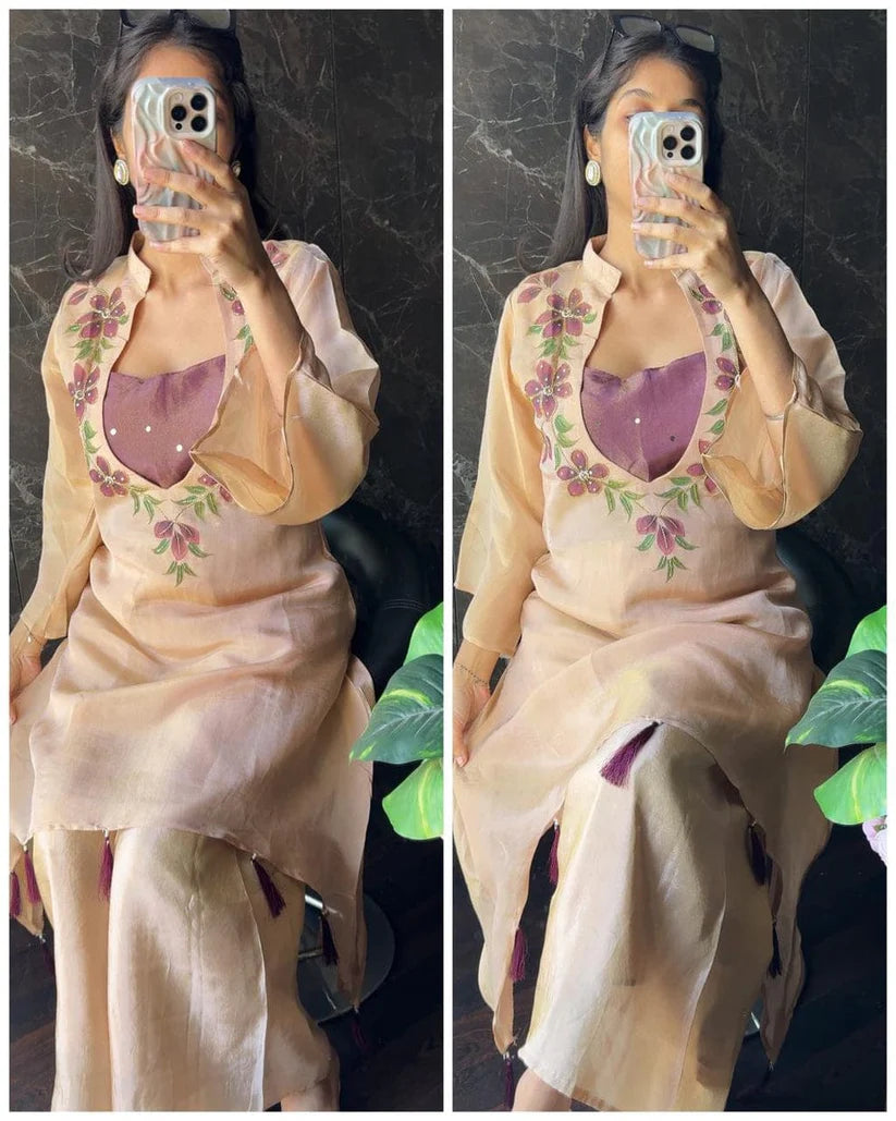 Floral Handwork Organza Co-ord Set for Women (RRRD48)
