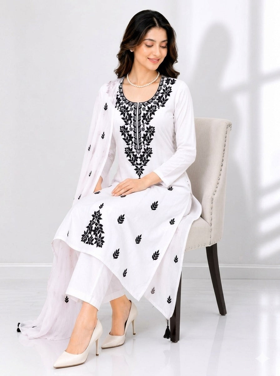 Women's Floral Embroidered Cotton Suit Set with Dupatta (RRRD49)