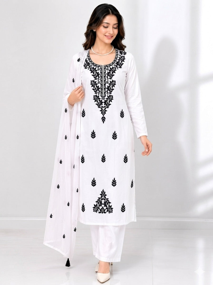 Women's Floral Embroidered Cotton Suit Set with Dupatta (RRRD49)