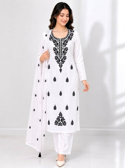 Women's Floral Embroidered Cotton Suit Set with Dupatta (RRRD49)