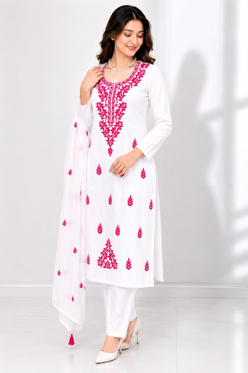 Women's Floral Embroidered Cotton Suit Set with Dupatta (RRRD49)