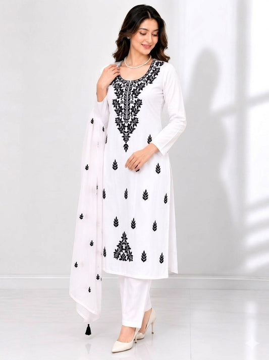 Women's Floral Embroidered Cotton Suit Set with Dupatta (RRRD49)