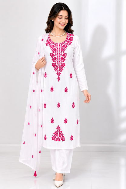 Women's Floral Embroidered Cotton Suit Set with Dupatta (RRRD49)