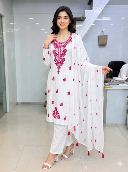 Women's Floral Embroidered Cotton Suit Set with Dupatta (RRRD49)