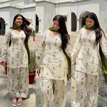 Rosette Floral Kurta Palazzo Dupatta Set (RD61)