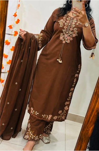Mocha Blossom Embroidered Kurta Pant Dupatta Set (RD66)