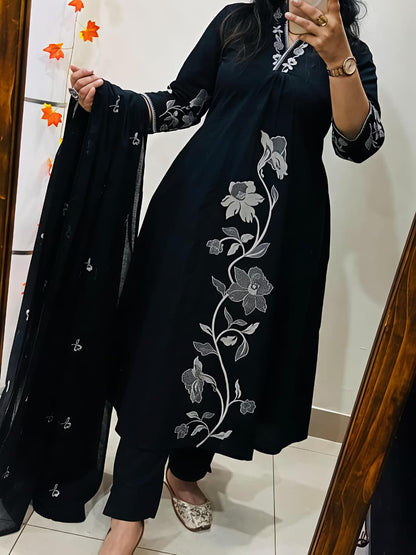 Mocha Blossom Embroidered Kurta Pant Dupatta Set (RD66)
