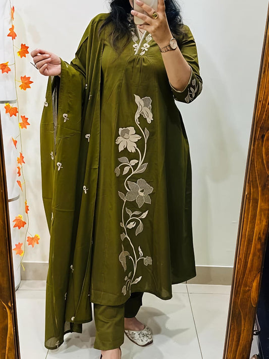 Mocha Blossom Embroidered Kurta Pant Dupatta Set (RD66)