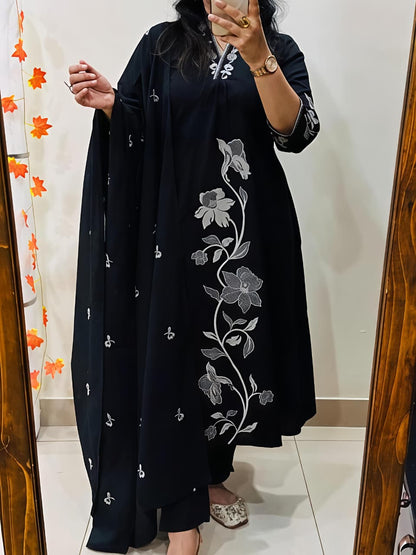 Mocha Blossom Embroidered Kurta Pant Dupatta Set (RD66)