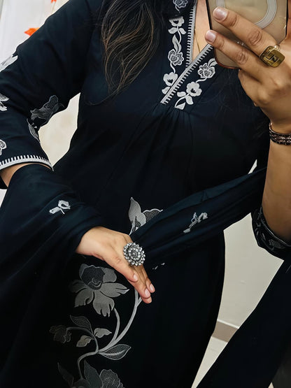 Mocha Blossom Embroidered Kurta Pant Dupatta Set (RD66)