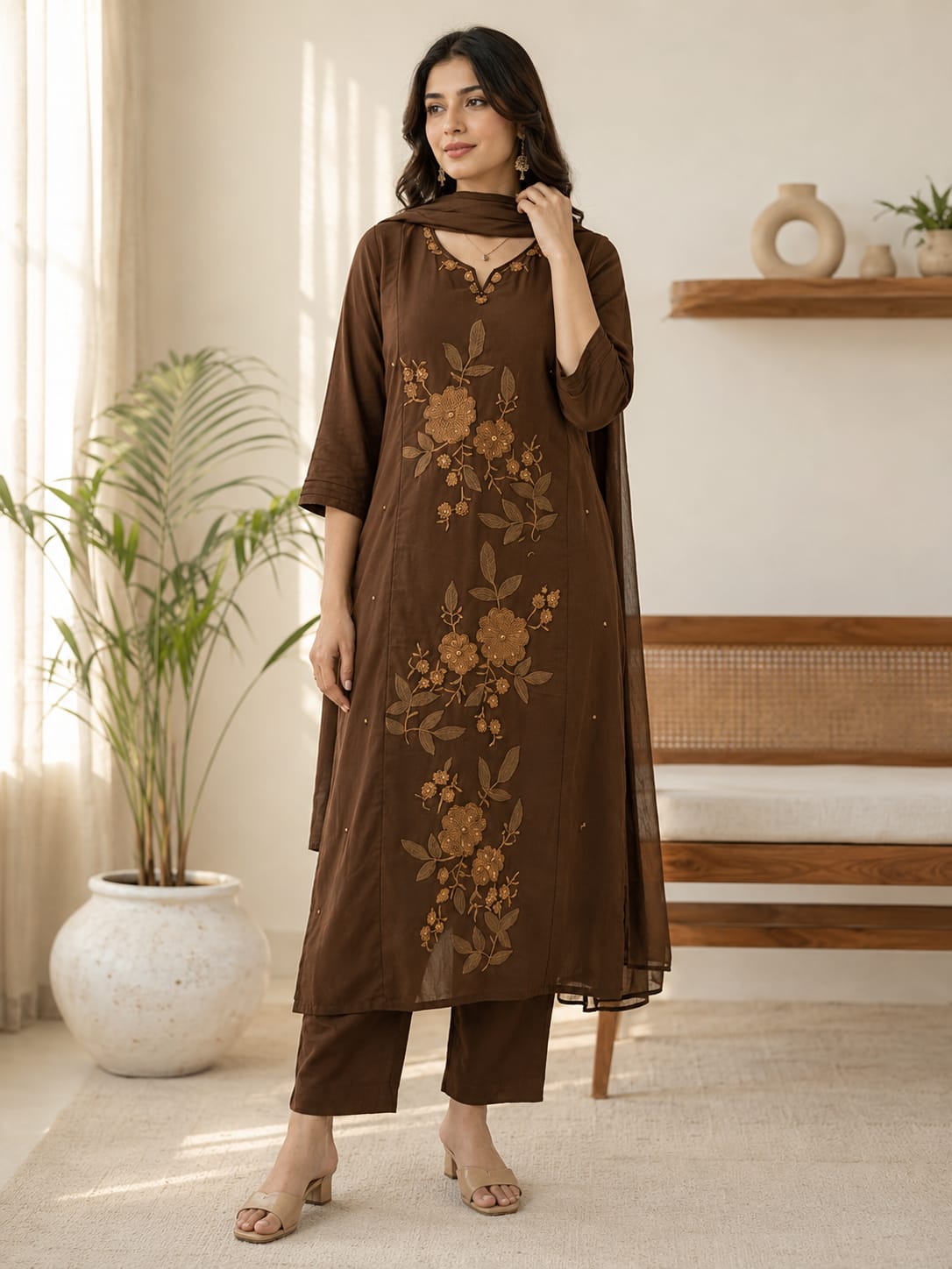 Chocolate Brown & Olive Green Floral Embroidered 3-Piece Suit Set (RD69)