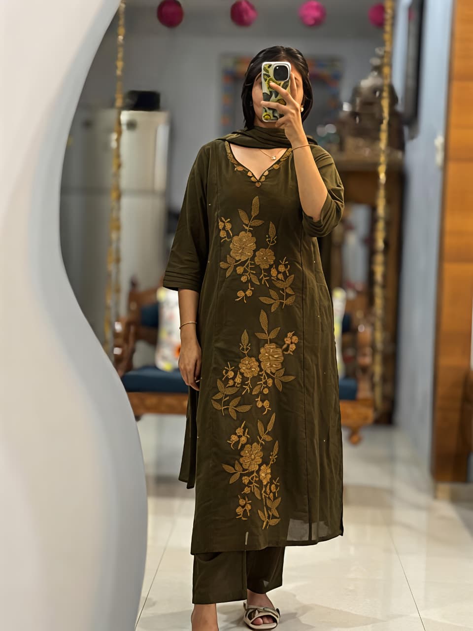 Chocolate Brown & Olive Green Floral Embroidered 3-Piece Suit Set (RD69)