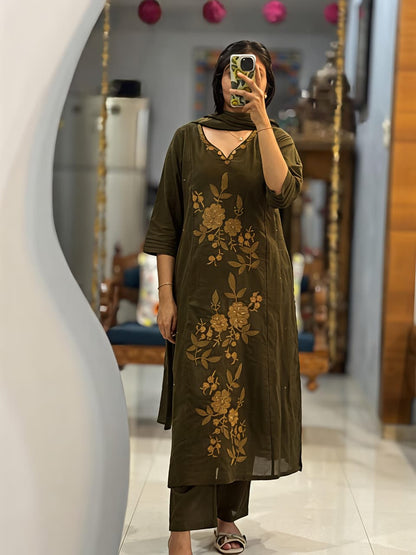 Chocolate Brown & Olive Green Floral Embroidered 3-Piece Suit Set (RD69)