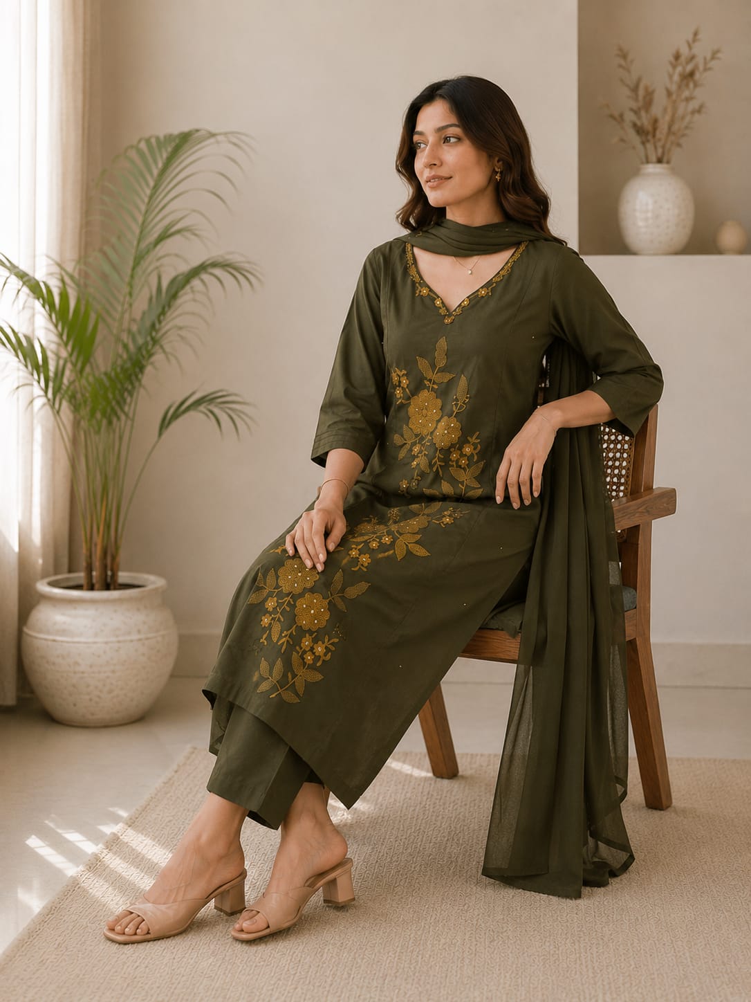 Chocolate Brown & Olive Green Floral Embroidered 3-Piece Suit Set (RD69)