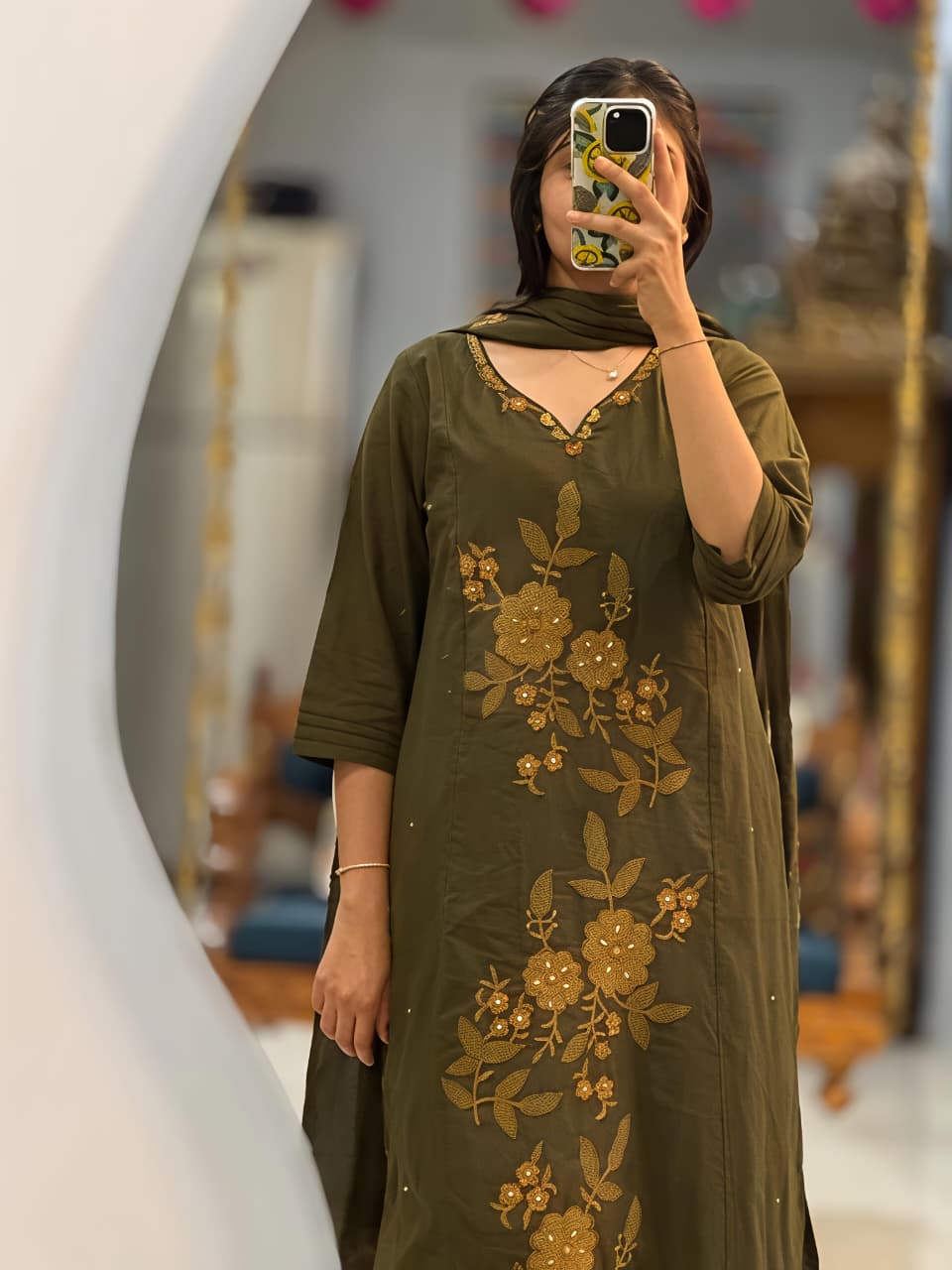 Chocolate Brown & Olive Green Floral Embroidered 3-Piece Suit Set (RD69)