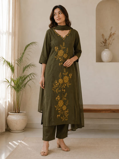 Chocolate Brown & Olive Green Floral Embroidered 3-Piece Suit Set (RD69)