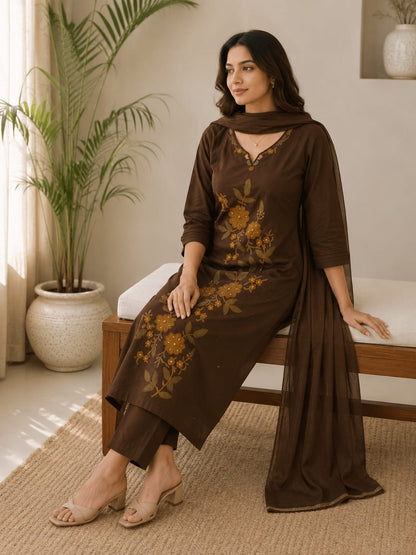 Chocolate Brown & Olive Green Floral Embroidered 3-Piece Suit Set (RD69)