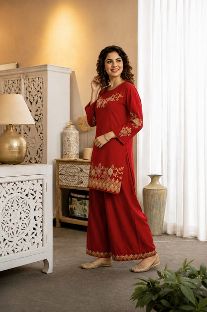 Floral Embroidered Wide-Leg Co-ord Set (RD70)