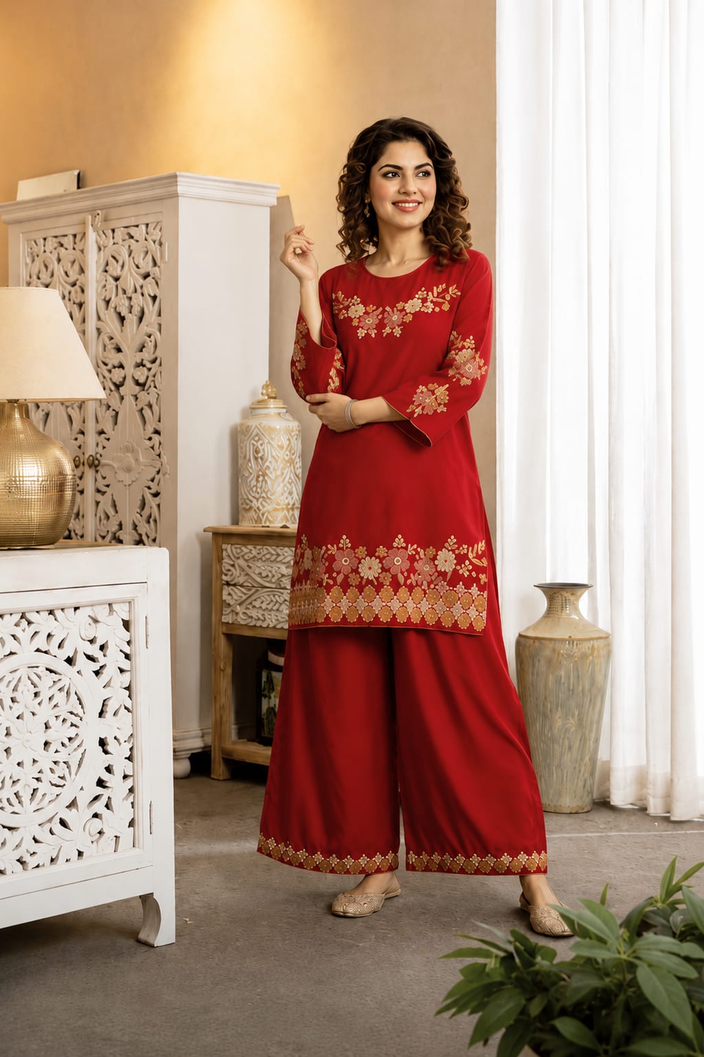 Floral Embroidered Wide-Leg Co-ord Set (RD70)