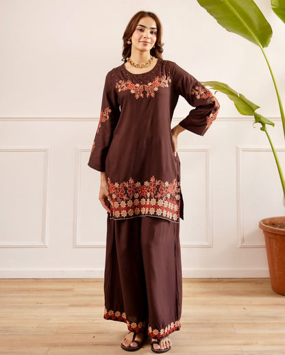 Floral Embroidered Wide-Leg Co-ord Set (RD70)