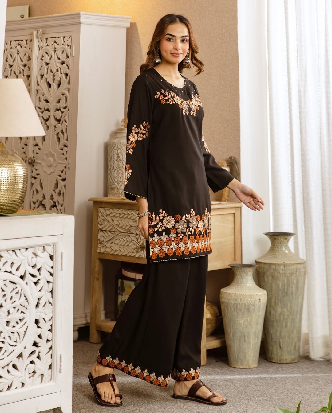 Floral Embroidered Wide-Leg Co-ord Set (RD70)