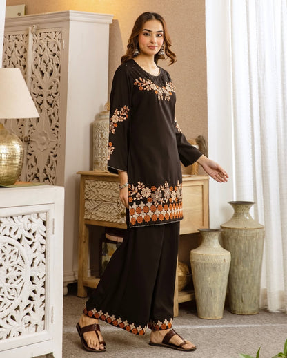 Floral Embroidered Wide-Leg Co-ord Set (RD70)