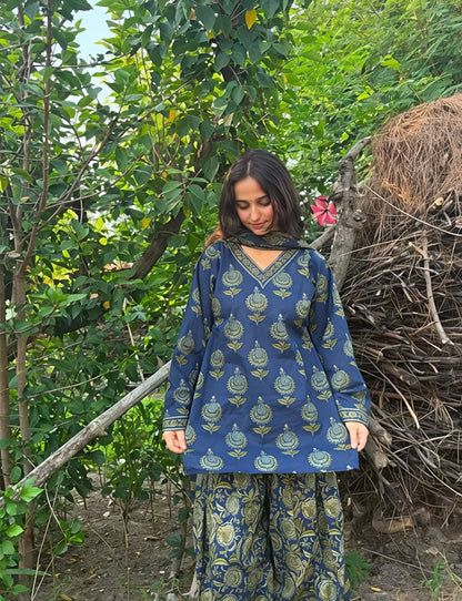 Women's Navy Blue Cotton Ethnic Suit Set (RD71)