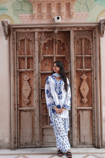 Royal Blue Floral Printed Cotton Kurta Set (RS06)