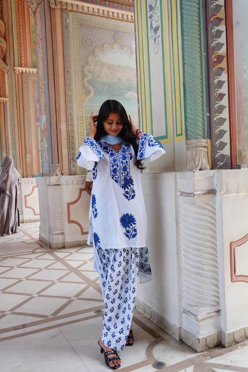 Royal Blue Floral Printed Cotton Kurta Set (RS06)