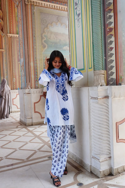 Royal Blue Floral Printed Cotton Kurta Set (RS06)