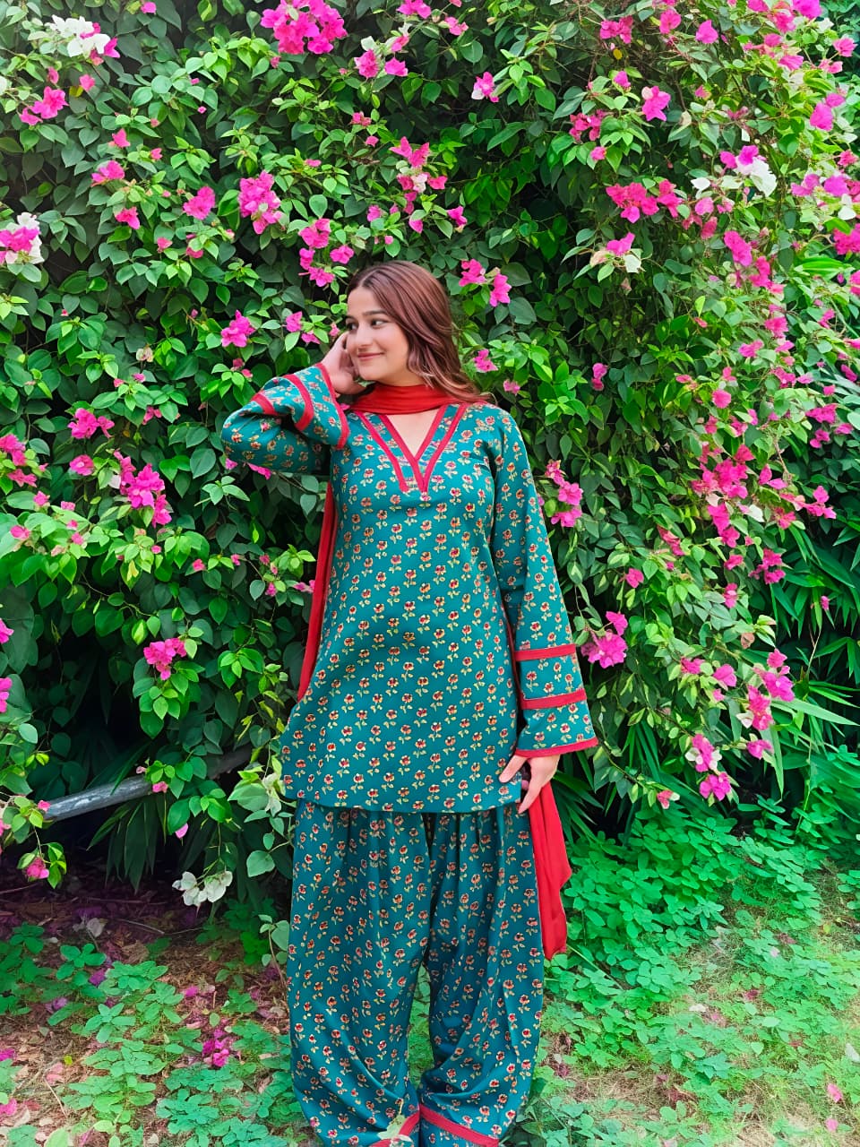 Teal Printed Kurta Palazzo Set with Contrast Dupatta (RS07)