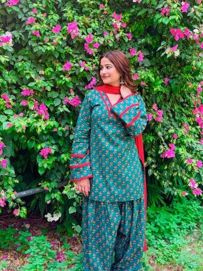 Teal Printed Kurta Palazzo Set with Contrast Dupatta (RS07)
