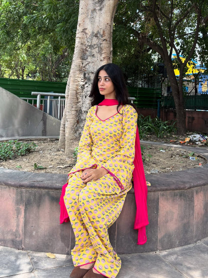 Yellow Printed Kurta Palazzo Set with Contrast Dupatta (RS08)