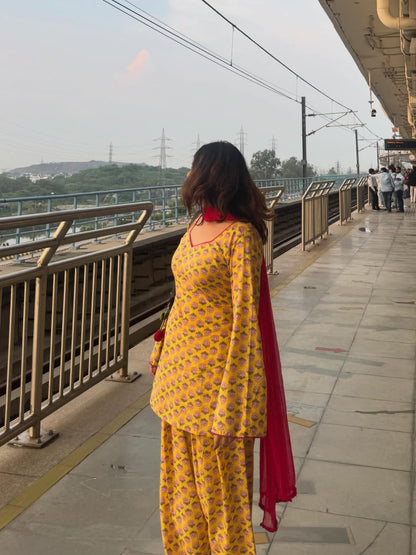 Yellow Printed Kurta Palazzo Set with Contrast Dupatta (RS08)