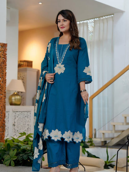 Elegant Floral Printed Embroidered 3-Piece Suit Set (SWSK74)