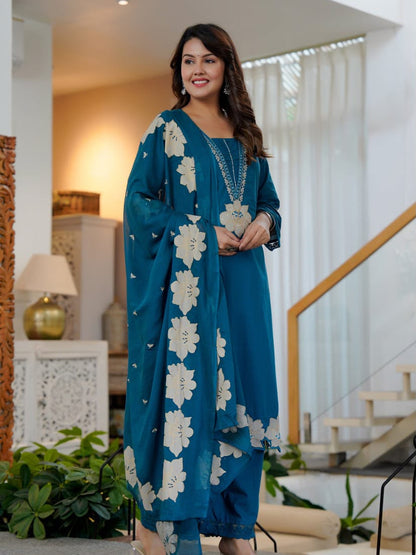Elegant Floral Printed Embroidered 3-Piece Suit Set (SWSK74)