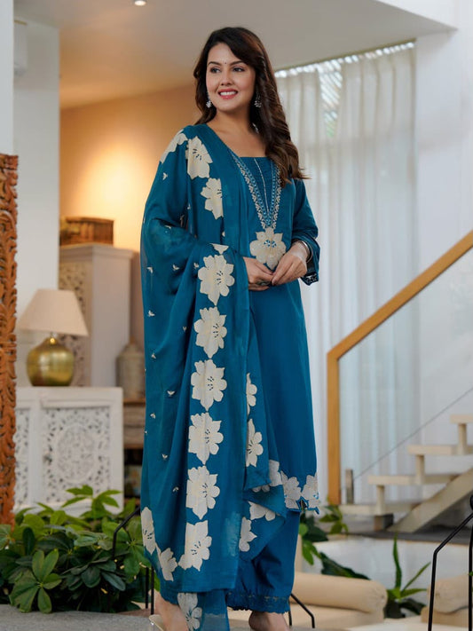 Elegant Floral Printed Embroidered 3-Piece Suit Set (SWSK76)