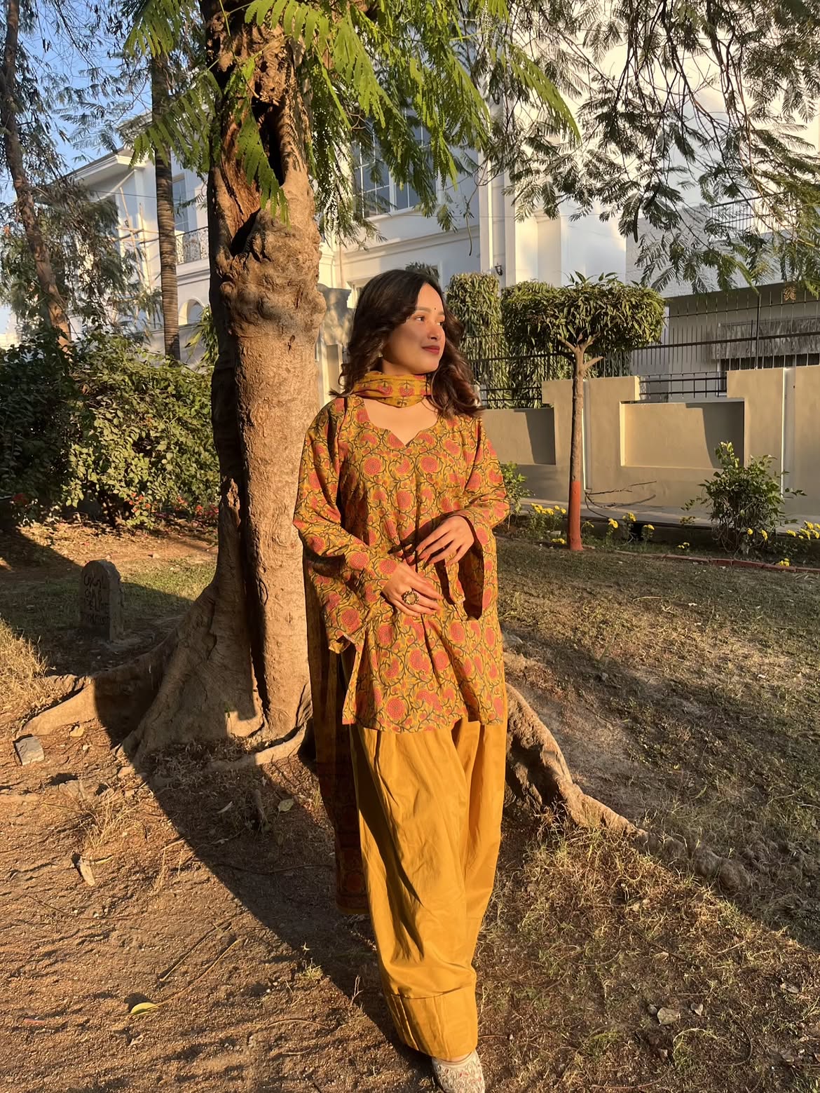 Women’s Premium Cotton Printed Kurta Pant & Dupatta Set – Mustard Floral Print (RD79)